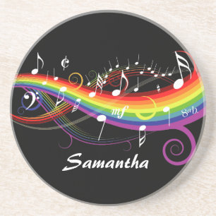 Personalized Rainbow White Music Notes on Black Coaster