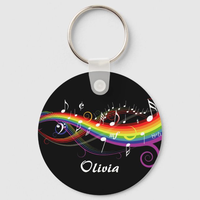 Personalized Rainbow White Music Notes on Black Keychain (Front)