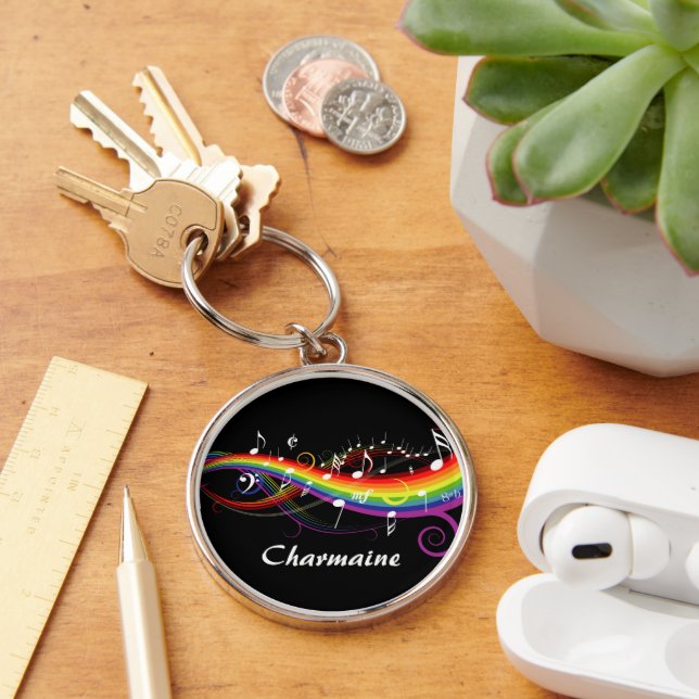 Personalized Rainbow White Music Notes on Black Keychain (Desk)