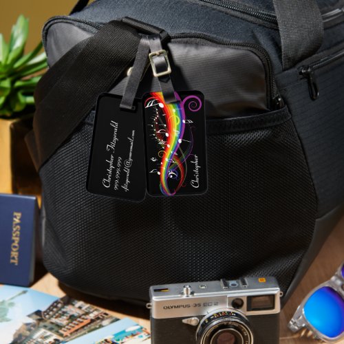 Personalized Rainbow White Music Notes on Black Luggage Tag