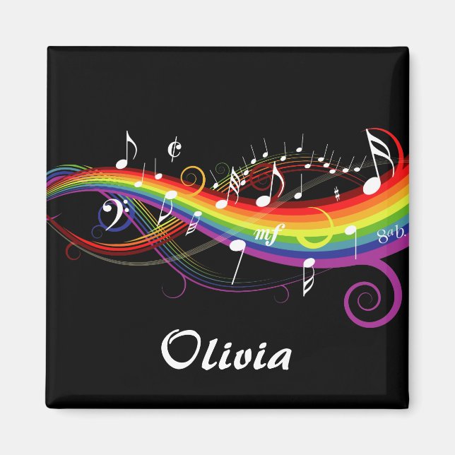 Personalized Rainbow White Music Notes on Black Magnet (Front)