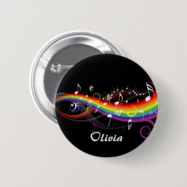 Personalized Rainbow White Music Notes on Black Pinback Button (Front & Back)