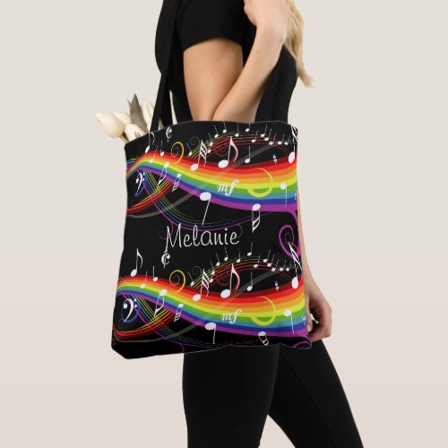 Personalized Rainbow White Music Notes on Black Tote Bag