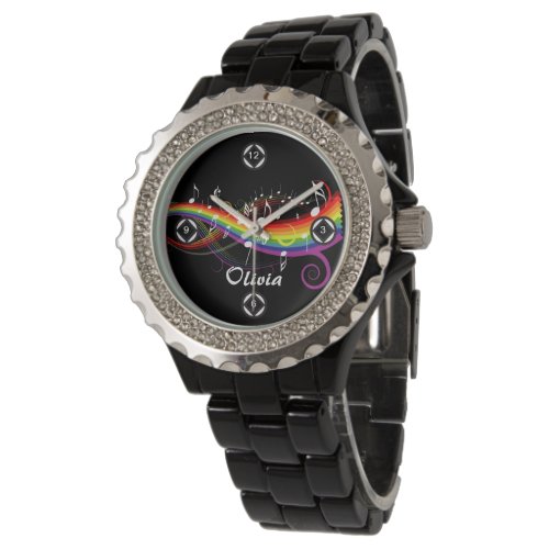 Personalized Rainbow White Music Notes on Black Watch