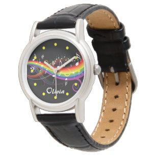 Personalized Rainbow White Music Notes on Black Watch