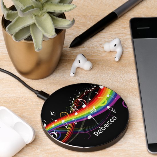 Personalized Rainbow White Music Notes on Black Wireless Charger
