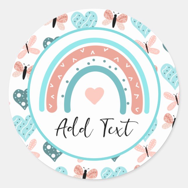 Personalized Rainbows, Butterflies and Hearts Classic Round Sticker (Front)
