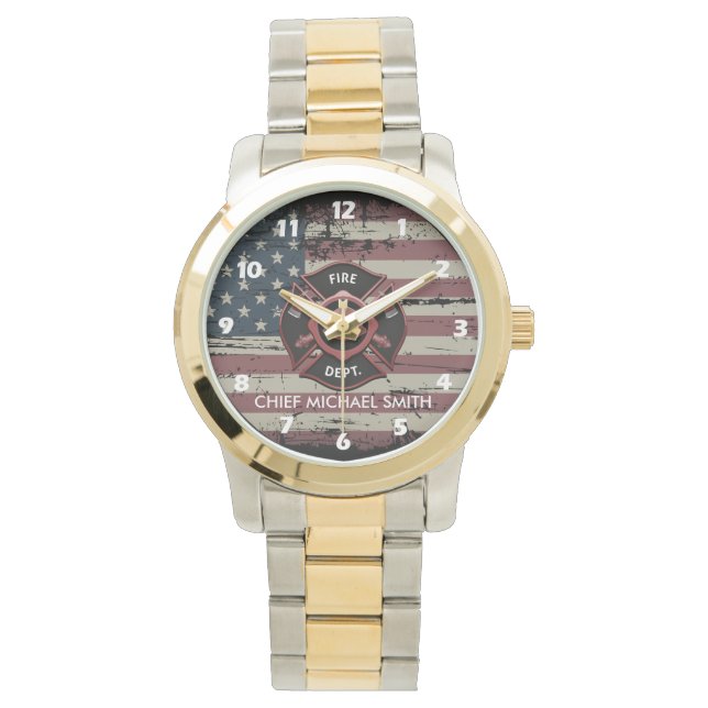 Personalized Rank Firefighter American Flag  Watch (Front)