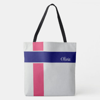 Personalized Raspberry Dark Blue Stripes Tote Bag