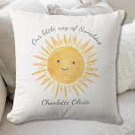 Personalized Ray Of Sunshine Nursery  Throw Pillow<br><div class="desc">This cute baby pillow features a yellow smiling sun and the text "Our Little Ray Of Sunshine" in stylish script typography.
Easily customizable it makes a great gift for a baby's nursery.
Original Watercolor © Michele Davies.</div>