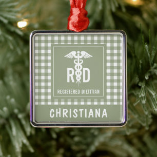 Personalized RD Registered Dietitian Plaid Pattern Metal Ornament