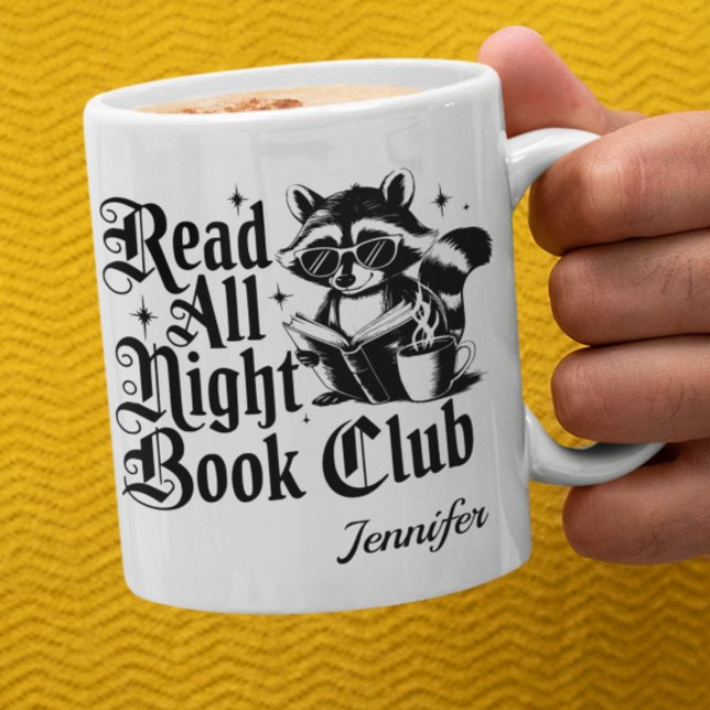 Personalized Read All Night Bookworm Coffee Mug (White read all night book club mug with racoon)