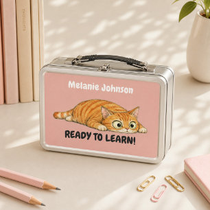 Personalized Ready to Learn Orange Cat Pink Metal Lunch Box