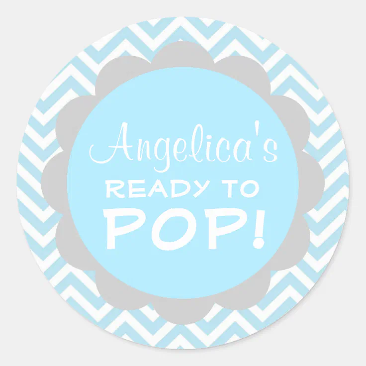 Personalized Ready to Pop Baby Shower Blue Boy Classic Round Sticker ...