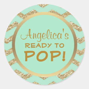 Personalized Ready to Pop Baby Shower Mint Gold Classic Round Sticker