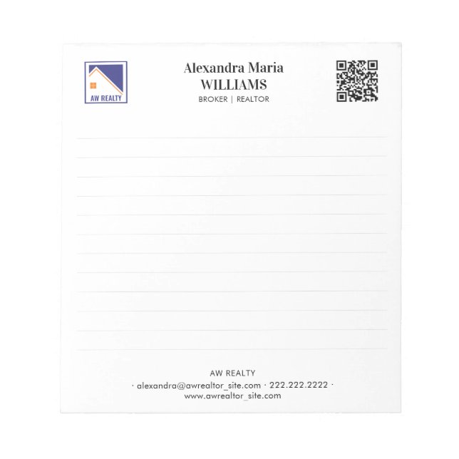 Personalized Realtor Logo QR Code Lined Business Notepad (Front)