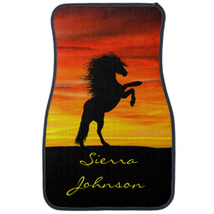 Personalized Rearing Black Horse at Sunset Car Floor Mat