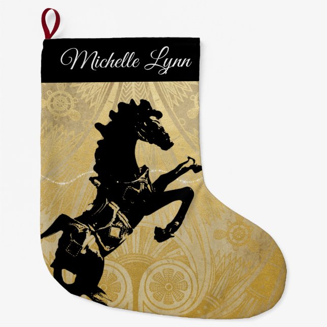 Personalized Rearing Horse Golden Large Christmas Stocking (Front)