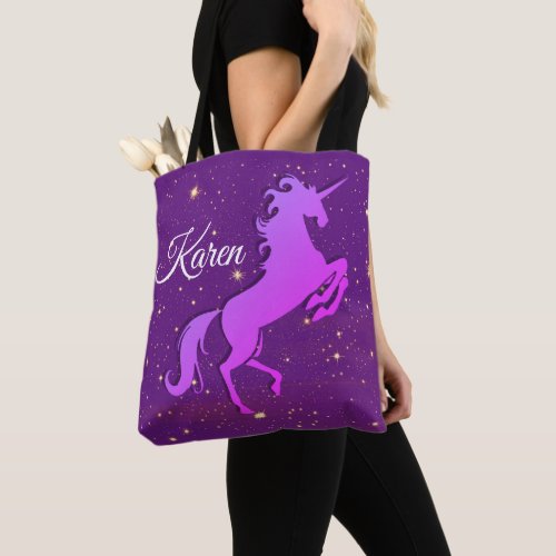Personalized Rearing Purple Unicorn Tote Bag