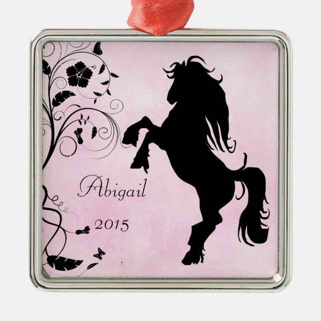 Personalized Rearing Silhouette Horse Pink Black Metal Ornament (Front)