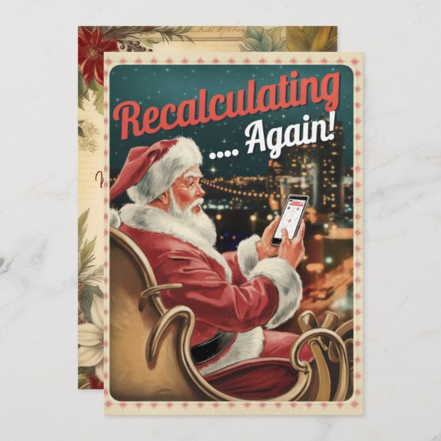 Personalized Recalculating Santa Funny Vintage  Holiday Card (Front/Back)
