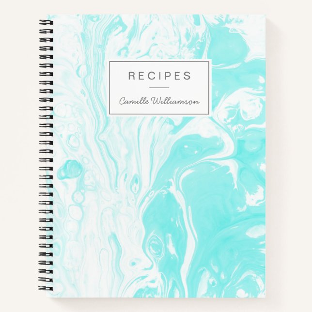 Personalized Recipe Aqua Blue Marble Home Cooks Notebook (Front)