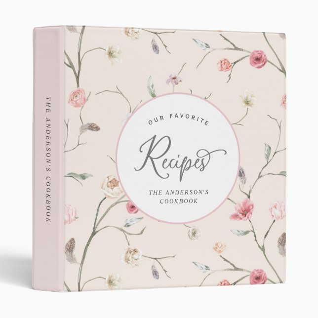  Personalized recipe binder with watercolor floral (Front/Spine)