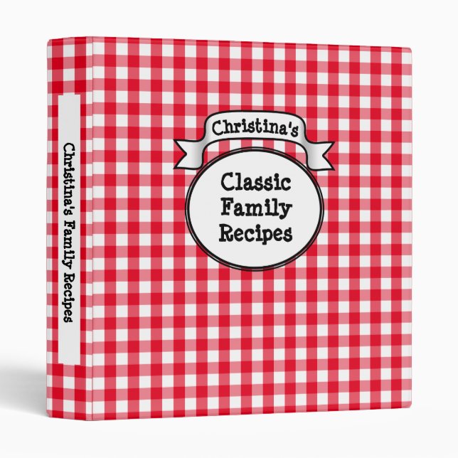 Personalized Recipe Book Retro Red Gingham Check 3 Ring Binder (Front/Spine)