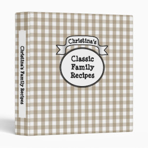 Personalized Recipe Book Retro Tan Gingham Check 3 Ring Binder