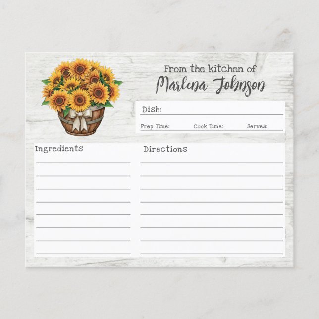 Personalized Recipe Card Rustic Wood & Sunflowers Flyer (Front)
