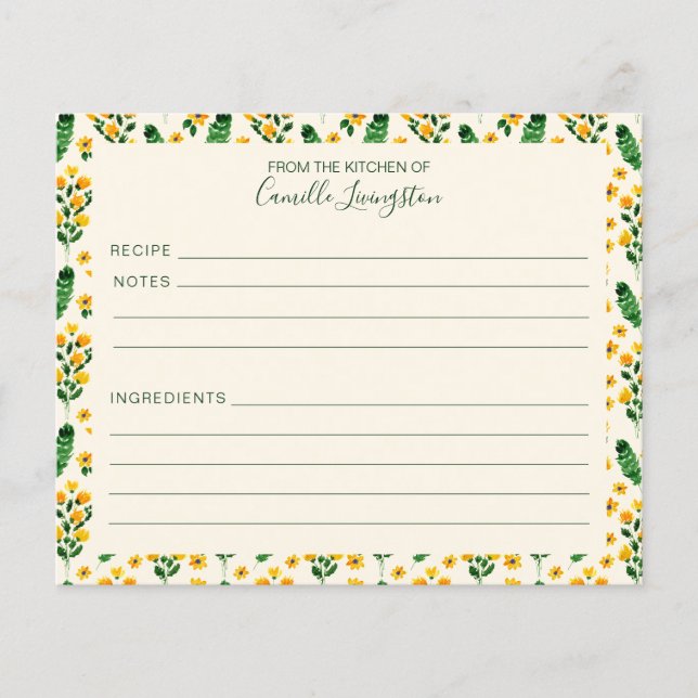 Personalized Recipe Card Yellow Flower Border (Front)