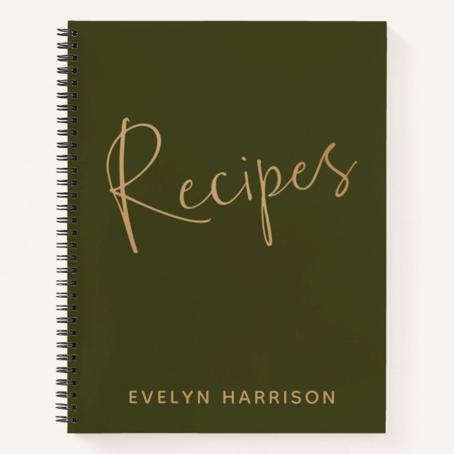 Personalized Recipe Journal in Olive Green Gold (Front)