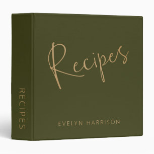 Personalized Recipe Journal in Olive Green Gold 3 Ring Binder