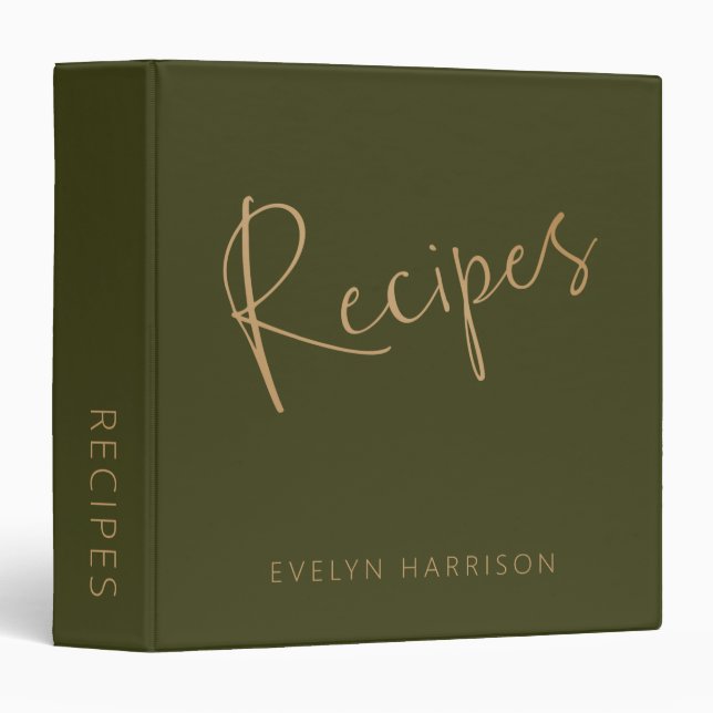Personalized Recipe Journal in Olive Green Gold 3 Ring Binder (Front/Spine)