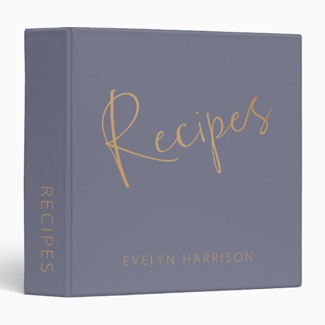 Personalized Recipe Journal in Slate Blue Gold 3 Ring Binder (Front/Spine)