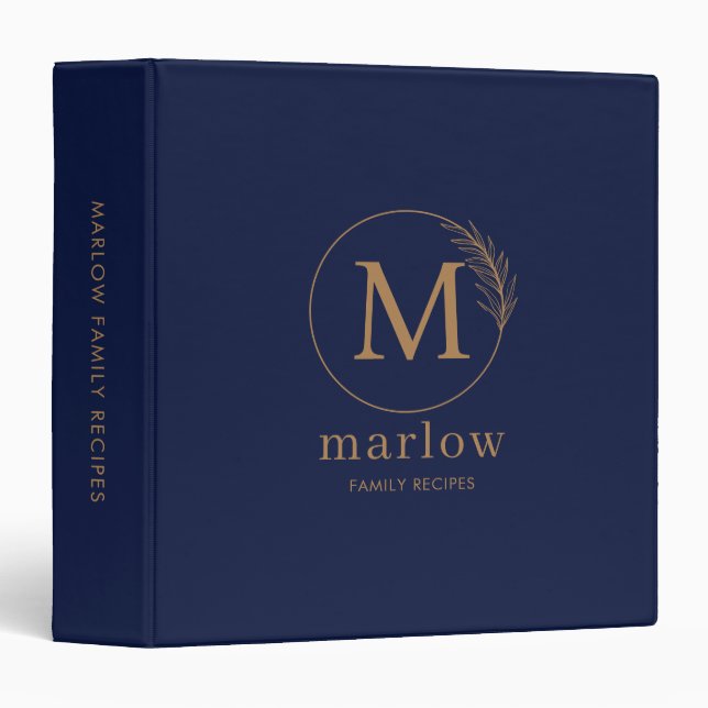 Personalized Recipe Journal Indigo Blue Gold  3 Ring Binder (Front/Spine)