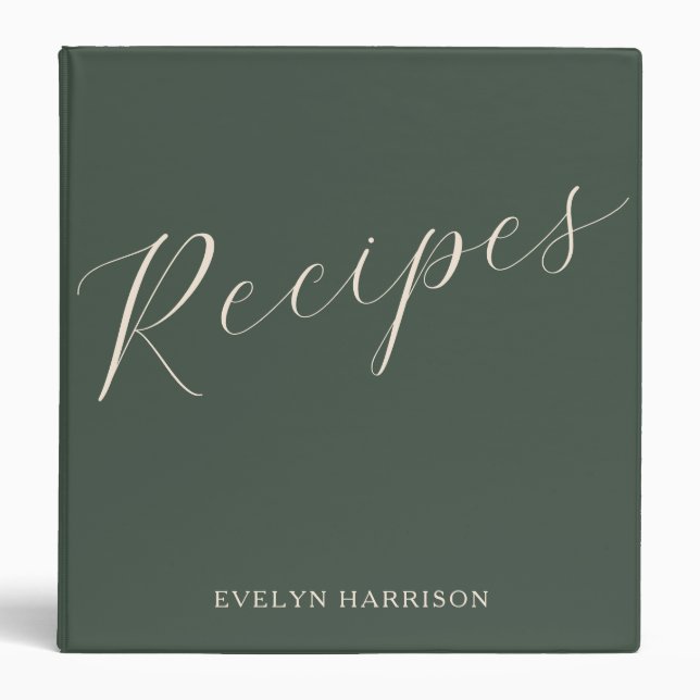 Personalized Recipe Keeper Sage Green Script 3 Ring Binder (Front)