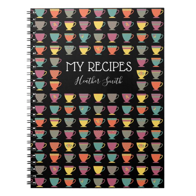 Personalized recipe notebook, colorful tea cups notebook (Front)