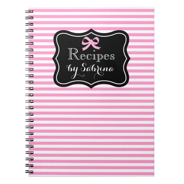 Personalized recipe notebook | Pink stripes & bow (Front)