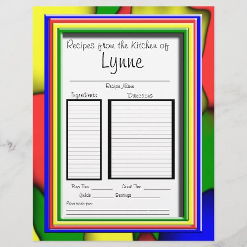 Personalized recipe page matches colorful binder