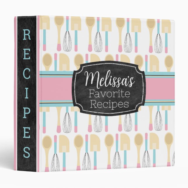 Personalized Recipes Cookbook Cute Baking Utensils 3 Ring Binder (Front/Spine)