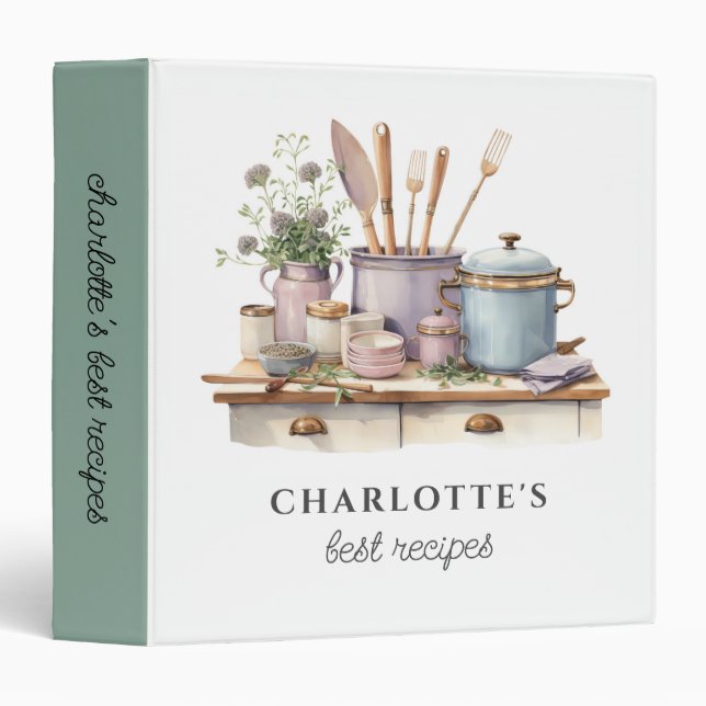 Personalized Recipes Cooking Pots Pans Utensils 3 Ring Binder (Front/Spine)