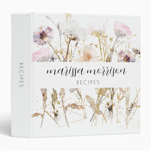 Personalized Recipes Pink Gold Wildflower 3 Ring Binder (Front/Spine)