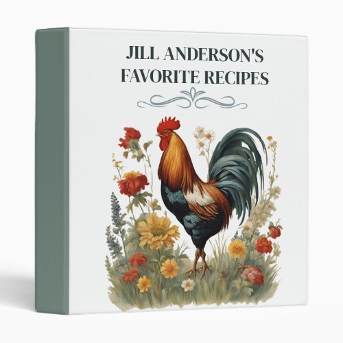 Personalized Recipes Vintage Botanical Rooster  3 Ring Binder