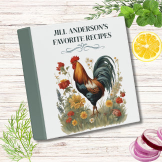Personalized Recipes Vintage Botanical Rooster 3 Ring Binder
