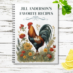 Personalized Recipes Vintage Botanical Rooster Notebook