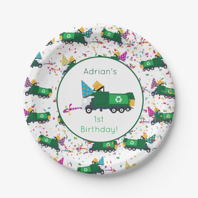 Personalized Recycling Garbage Truck Party Pattern Paper Plates (Front)