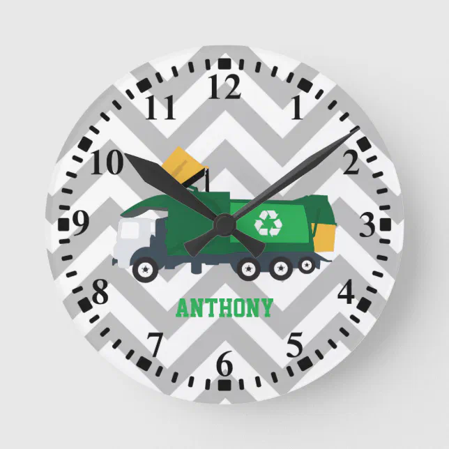 Personalized Recycling Garbage Truck Round Clock | Zazzle
