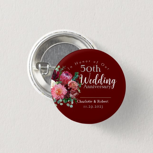Personalized Red 50th Couples Wedding Anniversary  Button (Front & Back)