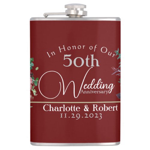 Personalized Red 50th Couples Wedding Anniversary  Flask